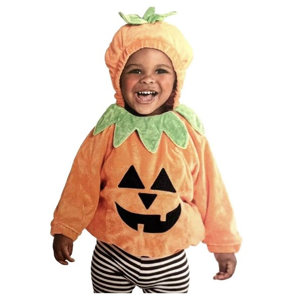 Plush Infant Pumpkin Hooded Pullover Halloween Costume Baby 0-6 Months Puffy - Picture 3 of 5